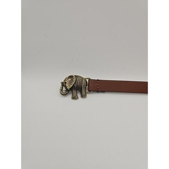 Women\'s Brown Leather Belt with Brass Elephant Buckle Sz 36-38\